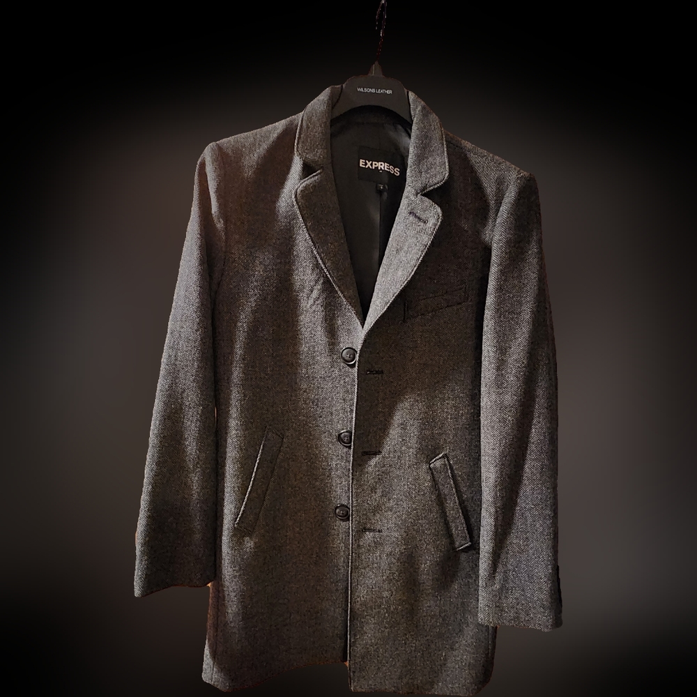 Express Wool Herringbone charcoal grey Overcoat. Size Small